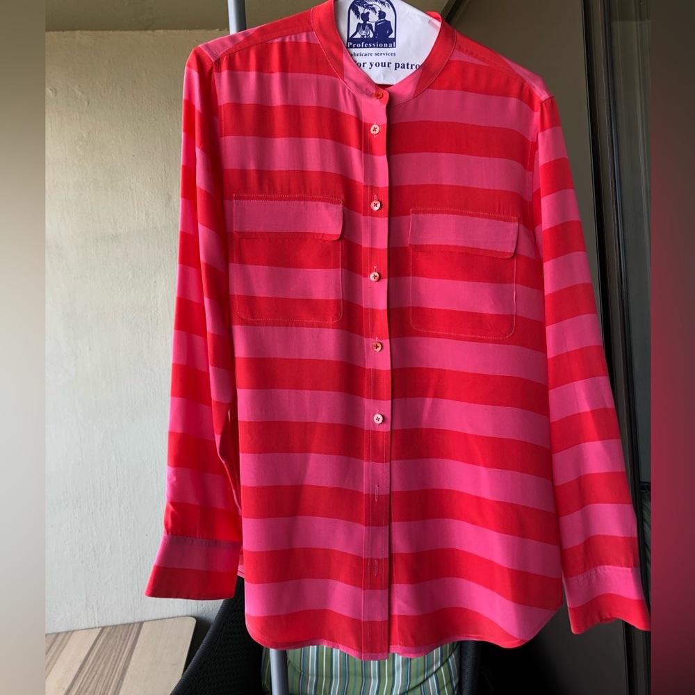 Equipment silk striped button down in coral and pink.